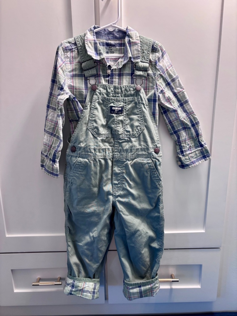 OshKosh B'gosh Kids Sage Green Overalls with Plaid Shirt